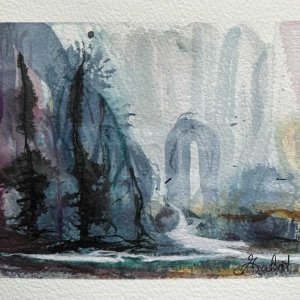 Eine Landschaft, gemalt mit Aquarell, Tusche und Gouache