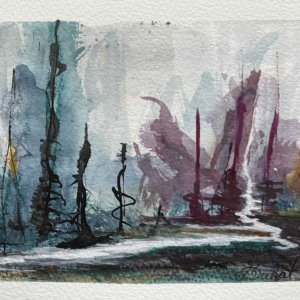Eine Baumlandschaft, gemalt mit Aquarell, Tusche und Gouache